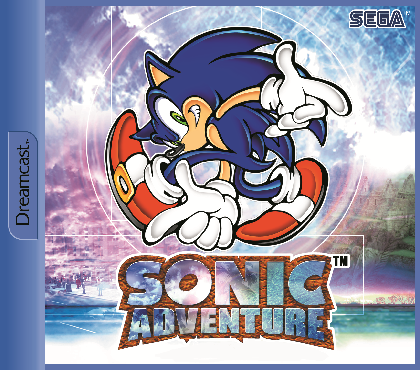 uekawa yuji, sonic the hedgehog, sega, sonic (series), sonic adventure, highres, official art, scan, album cover, bent over, blue fur, copyright logo, cover, dynamic pose, floating, flying, game console, gloves, head tilt, hedgehog, jumping, logo, poster (object), red shoes, sega dreamcast, shoes, sonic adventure pose, spiked hair, spikes, toon (style), video game, white gloves