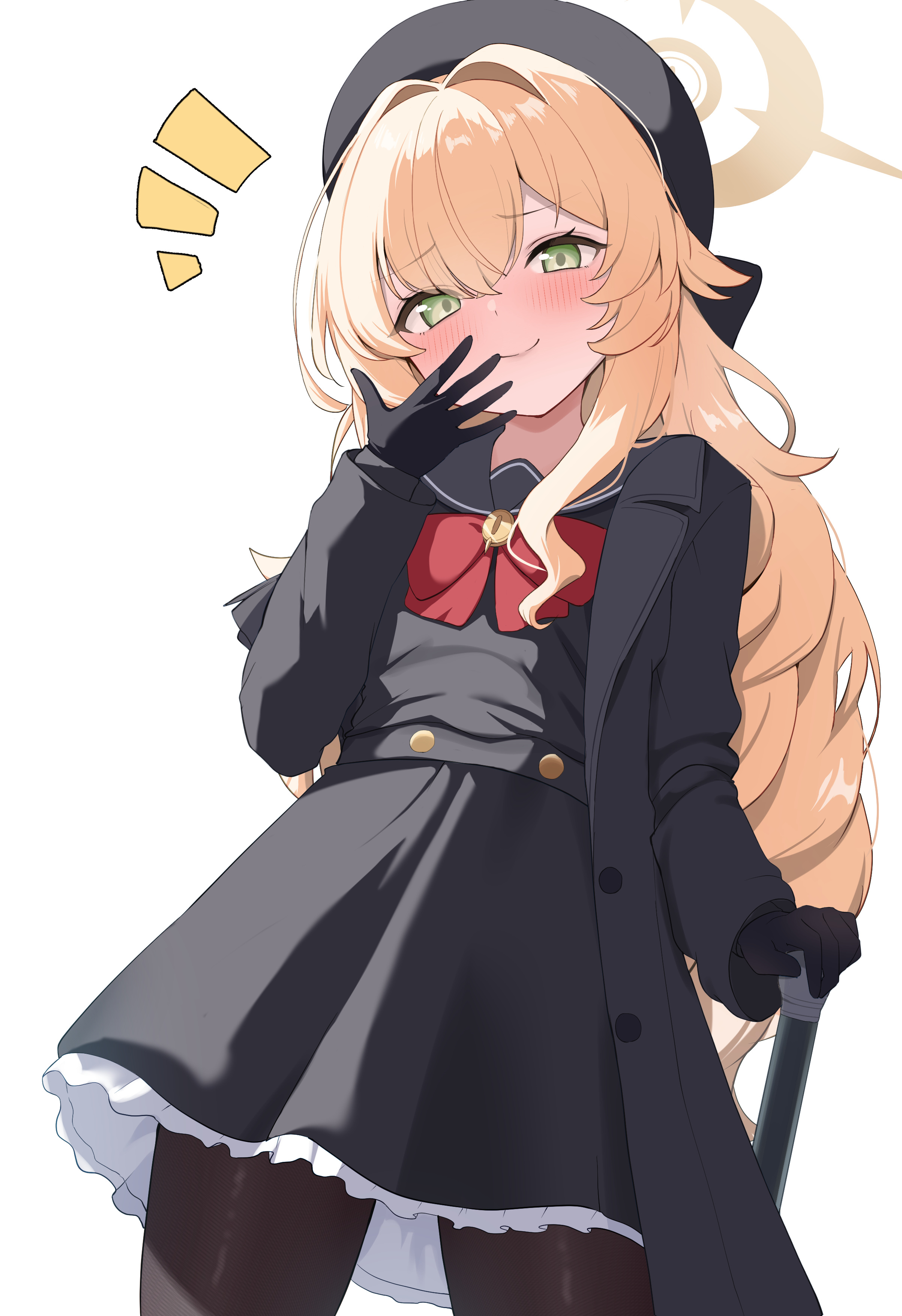 aoto mei, professor niyaniya (blue archive), blue archive, twitter, 1girl, beret, black coat, black dress, black gloves, black hat, black pantyhose, blonde hair, bow, bowtie, coat, cowboy shot, dress, gloves, green eyes, halo, hat, long hair, pantyhose, red bow, red bowtie, simple background, solo, thigh gap, white background, yellow halo