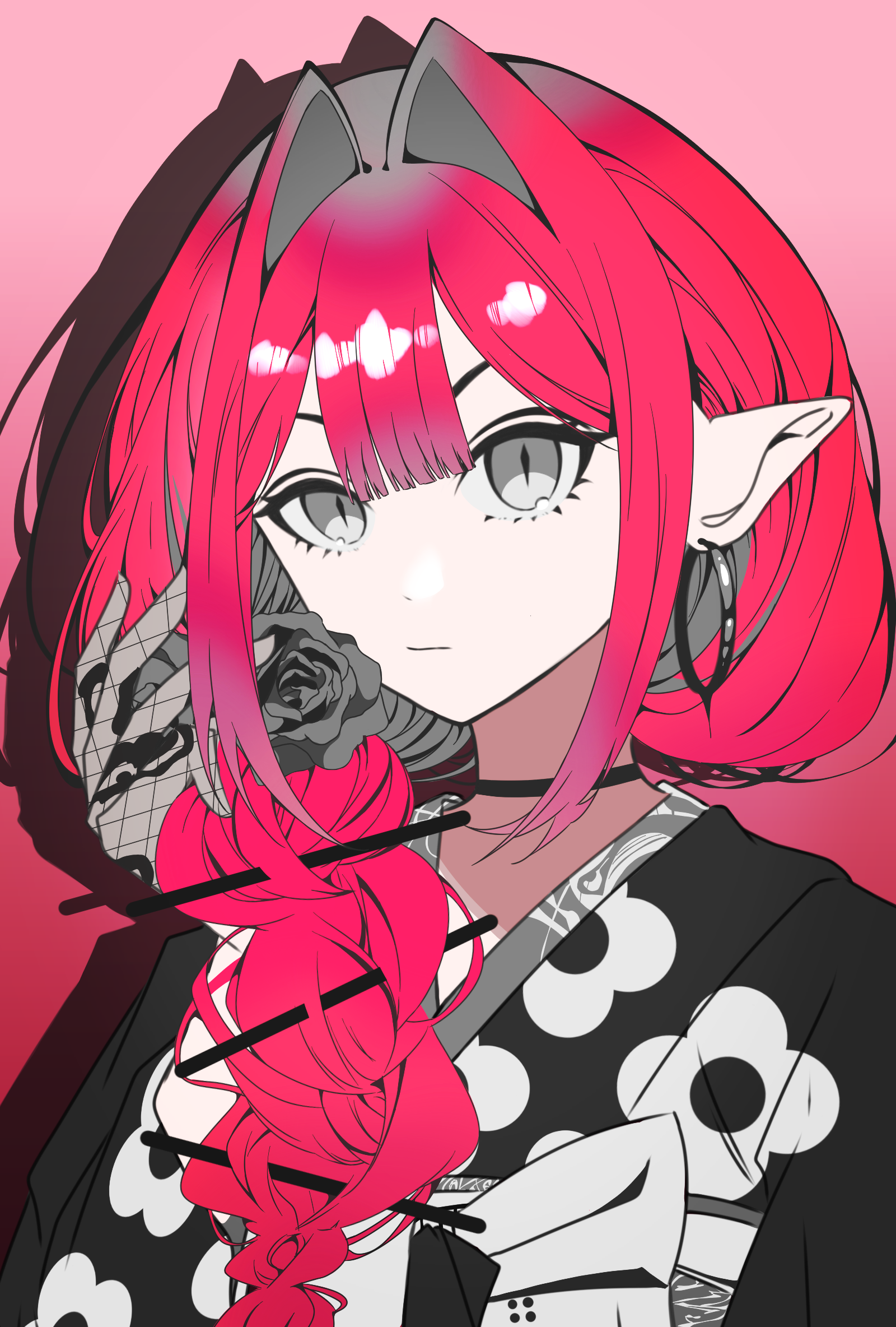 baobhan sith (fate), fate/grand order, fate (series), highres, 1girl, baobhan sith (over the same sky) (fate), black kimono, braid, earrings, fishnet gloves, fishnets, gloves, grey eyes, hand up, japanese clothes, jewelry, kimono, long hair, looking at viewer, pink hair, pointy ears, single braid, solo, upper body, woshisheiwozainawozaizuoshenme