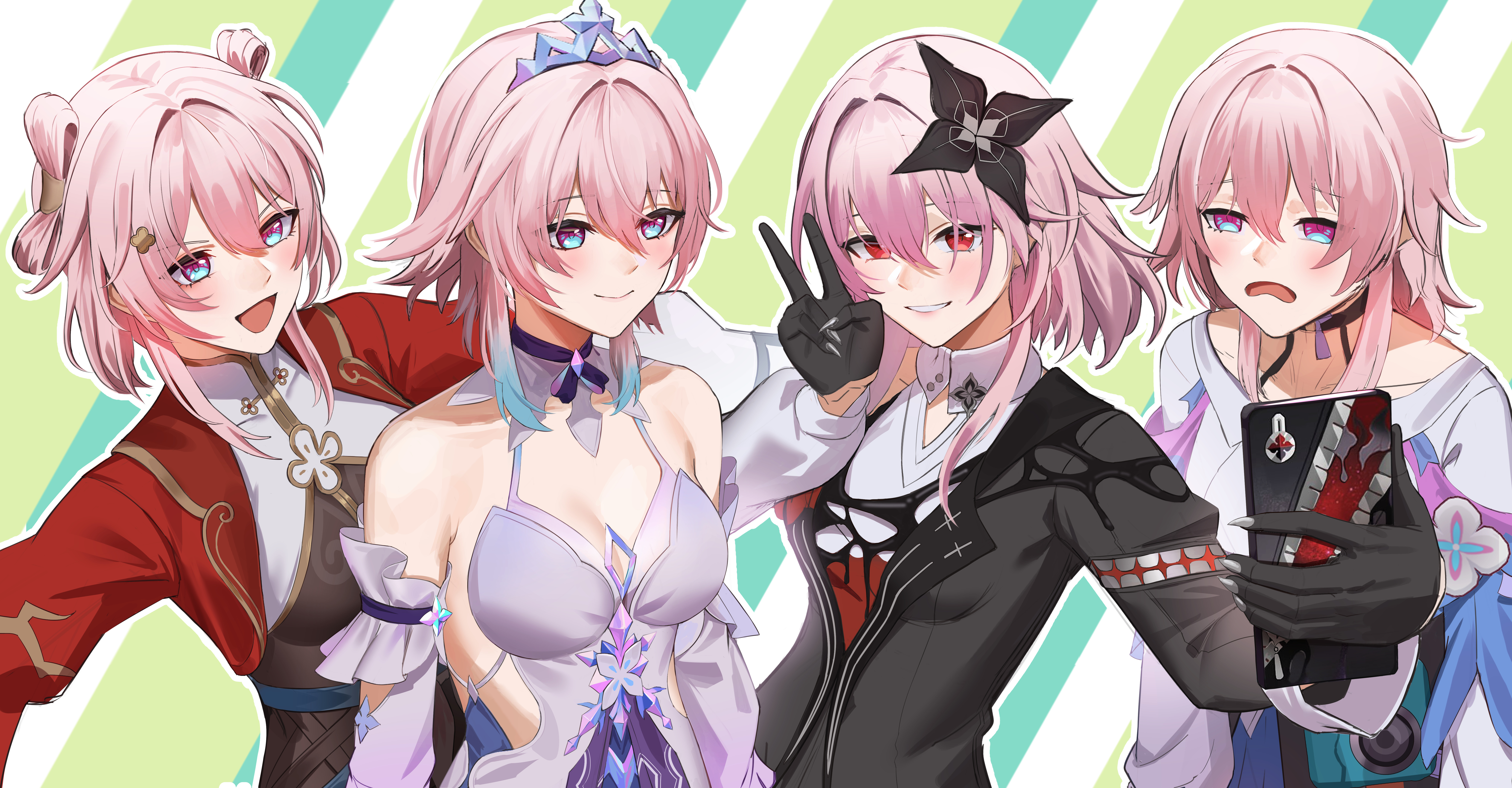 anoreika tomoe, evernight (honkai: star rail), march 7th (honkai: star rail), march 7th (hunt) (honkai: star rail), march 7th (nascent spring) (honkai: star rail), march 7th (preservation) (honkai: star rail), honkai: star rail, honkai (series), absurdres, commentary, highres, 4girls, bare shoulders, black flower, black gloves, blue eyes, blush, breasts, chinese clothes, closed mouth, detached sleeves, dress, exhausted, flower, gloves, hair between eyes, hair flower, hair ornament, halter dress, halterneck, hand up, holding, holding phone, jacket, looking at viewer, medium breasts, medium hair, multicolored eyes, multiple girls, multiple persona, open mouth, phone, pink eyes, pink hair, red eyes, red jacket, selfie, shirt, smile, tiara, two-tone eyes, v, white dress, white shirt