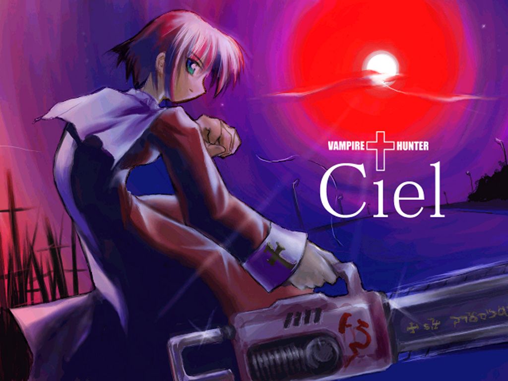 ciel (tsukihime), tsukihime, silver hair, 00s, 1girl, chainsaw, character name, collar, cowboy shot, cross, cross print, dress, expressionless, female focus, from side, full moon, green eyes, holding, holding weapon, long sleeves, looking at viewer, moon, purple sky, red dress, short hair, sky, sleeves rolled up, solo, weapon