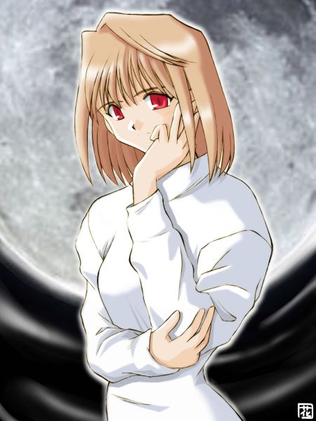 hana (hana mo arashi mo), arcueid brunestud, tsukihime, 00s, 1girl, blonde hair, female focus, full moon, long skirt, moon, red eyes, short hair, skirt, solo, sweater, turtleneck