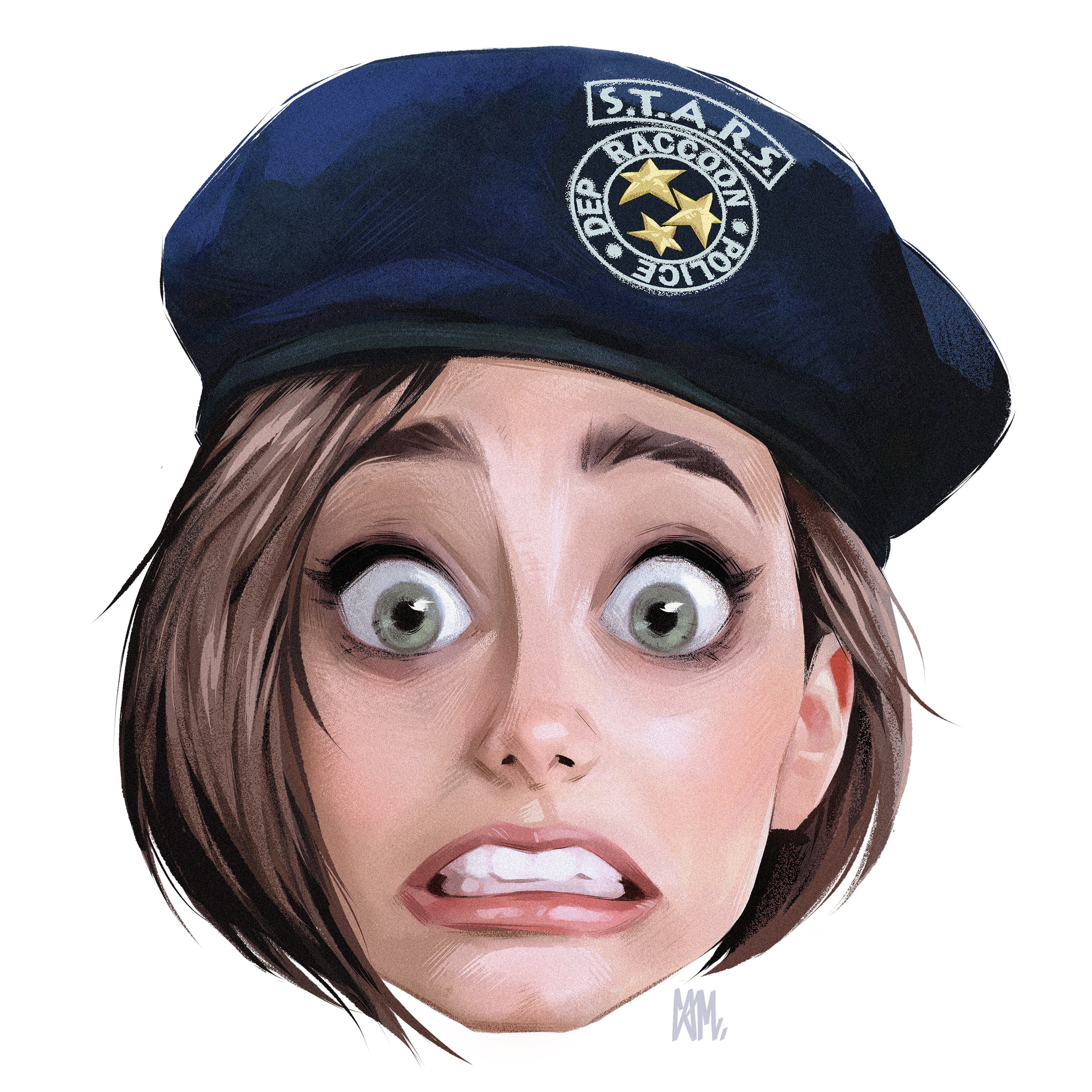 cameronmark, jill valentine, resident evil, resident evil 1, absurdres, highres, 1girl, beret, blue hat, brown hair, clenched teeth, green eyes, hat, looking at viewer, short hair, signature, simple background, teeth, white background, wide-eyed