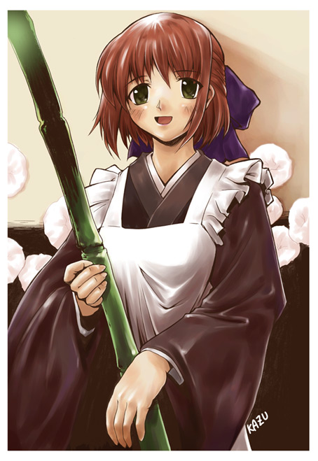 kohaku (tsukihime), tsukihime, 00s, 1girl, :d, apron, bamboo, blue bow, blush, bow, cowboy shot, female focus, food, green eyes, hair bow, long sleeves, looking at viewer, open mouth, smile, solo, steamed bun