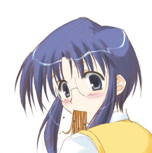 ciel (tsukihime), tsukihime, 00s, 1girl, black eyes, blue eyes, blue hair, blush, eating, embarrassed, female focus, food, from behind, glasses, looking at viewer, looking back, matching hair/eyes, pasta, rimless eyewear, short hair, sidelocks, simple background, solo, spaghetti, vest, white background
