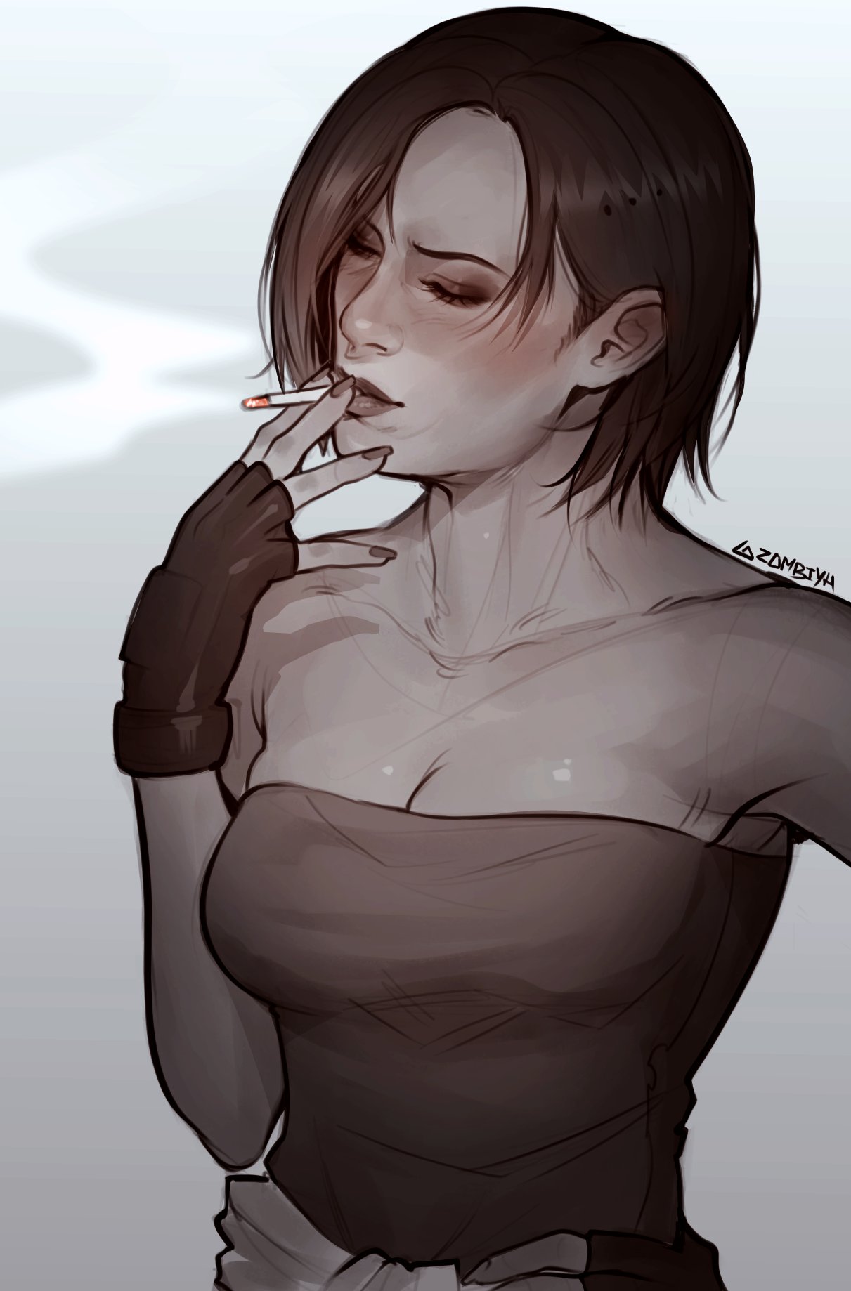 jill valentine, resident evil, resident evil 3: nemesis, highres, 1girl, artist name, black gloves, breasts, brown hair, cigarette, cleavage, closed eyes, fingerless gloves, gloves, holding, holding cigarette, signature, smoking, zombiyh