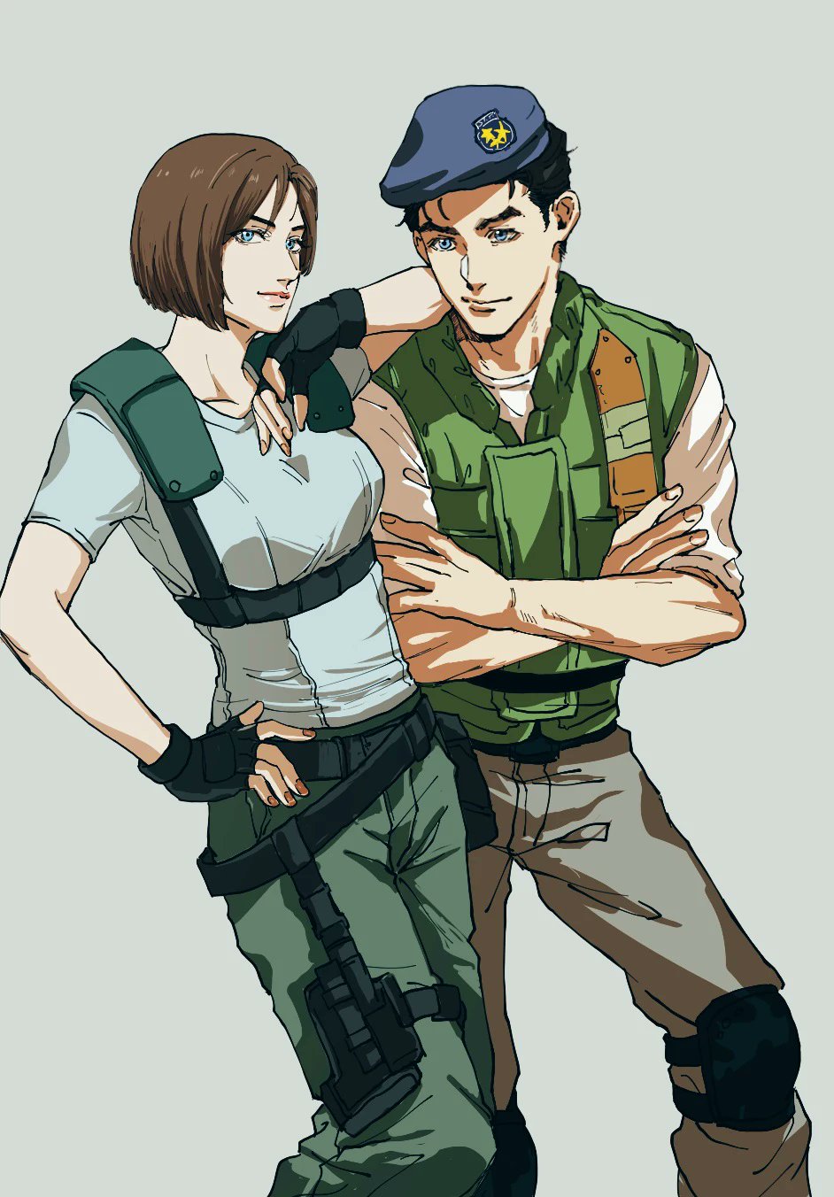 mihael66, chris redfield, jill valentine, resident evil, resident evil 1, highres, 1boy, 1girl, beret, black gloves, black hair, blue eyes, blue hat, blue pants, blue shirt, brown hair, crossed arms, fingerless gloves, gloves, green vest, grey background, hand on own hip, hat, pants, shirt, simple background, vest