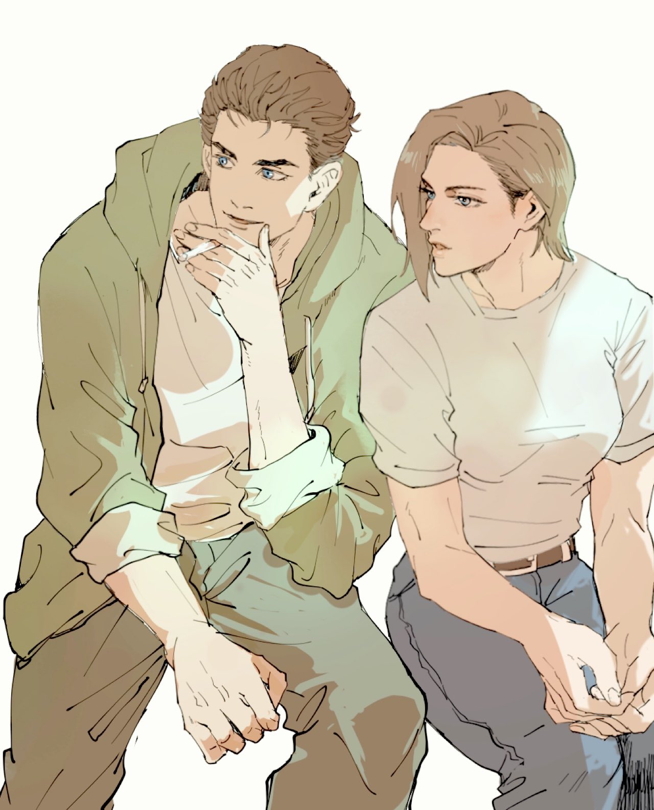 mihael66, chris redfield, jill valentine, resident evil, highres, 1boy, 1girl, black hair, blue eyes, blue pants, brown hair, cigarette, green jacket, holding, holding cigarette, jacket, pants, shirt, simple background, white background, white shirt