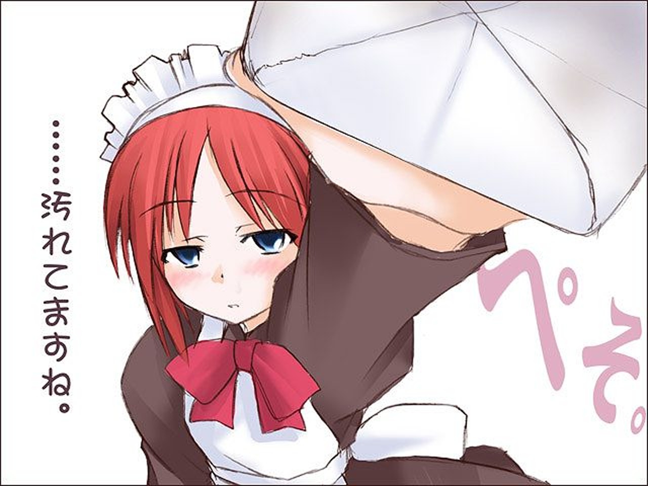 hisui (tsukihime), tsukihime, 00s, 1girl, apron, blue eyes, blush, bow, bowtie, brown shirt, cleaning, female focus, from above, looking at viewer, looking up, maid, maid apron, maid headdress, outstretched arm, red bow, red eyes, red hair, shirt, short hair, solo