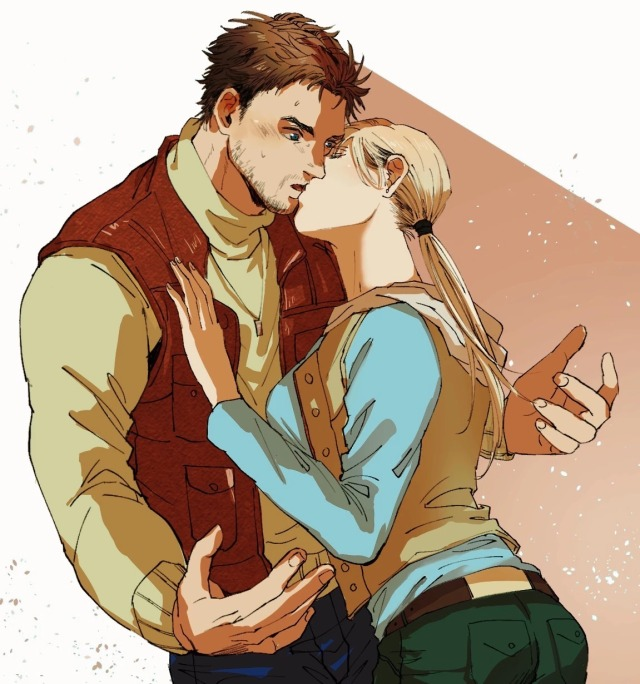 mihael66, chris redfield, jill valentine, resident evil, resident evil 5, 1boy, 1girl, beard stubble, black hair, blonde hair, closed eyes, facial hair, jewelry, kiss, long hair, low ponytail, necklace, pants, ponytail, stubble, vest
