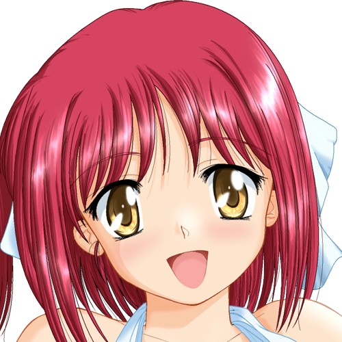 kohaku (tsukihime), tsukihime, eyebrows, lowres, 00s, 1girl, :d, bare shoulders, blush, bow, collarbone, female focus, hair bow, halterneck, head tilt, looking at viewer, open mouth, poorly drawn, red hair, simple background, sleeveless, smile, solo, white background, white bow, yellow eyes