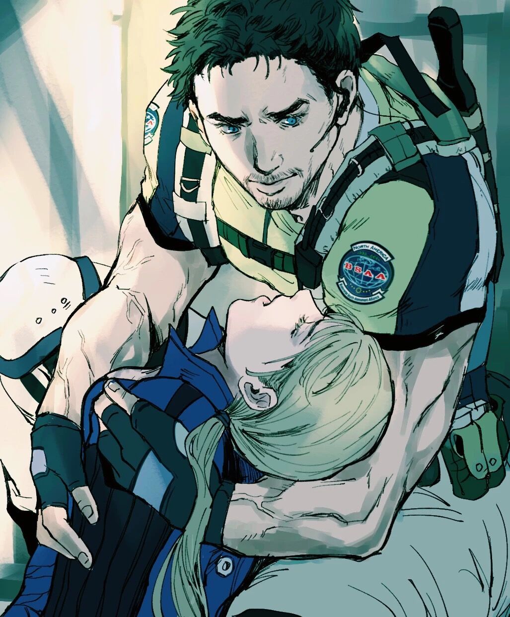 mihael66, chris redfield, jill valentine, resident evil, resident evil 5, highres, 1boy, 1girl, beard stubble, black gloves, black hair, blonde hair, blue eyes, closed eyes, facial hair, fingerless gloves, gloves, long hair, low ponytail, muscular, ponytail, stubble