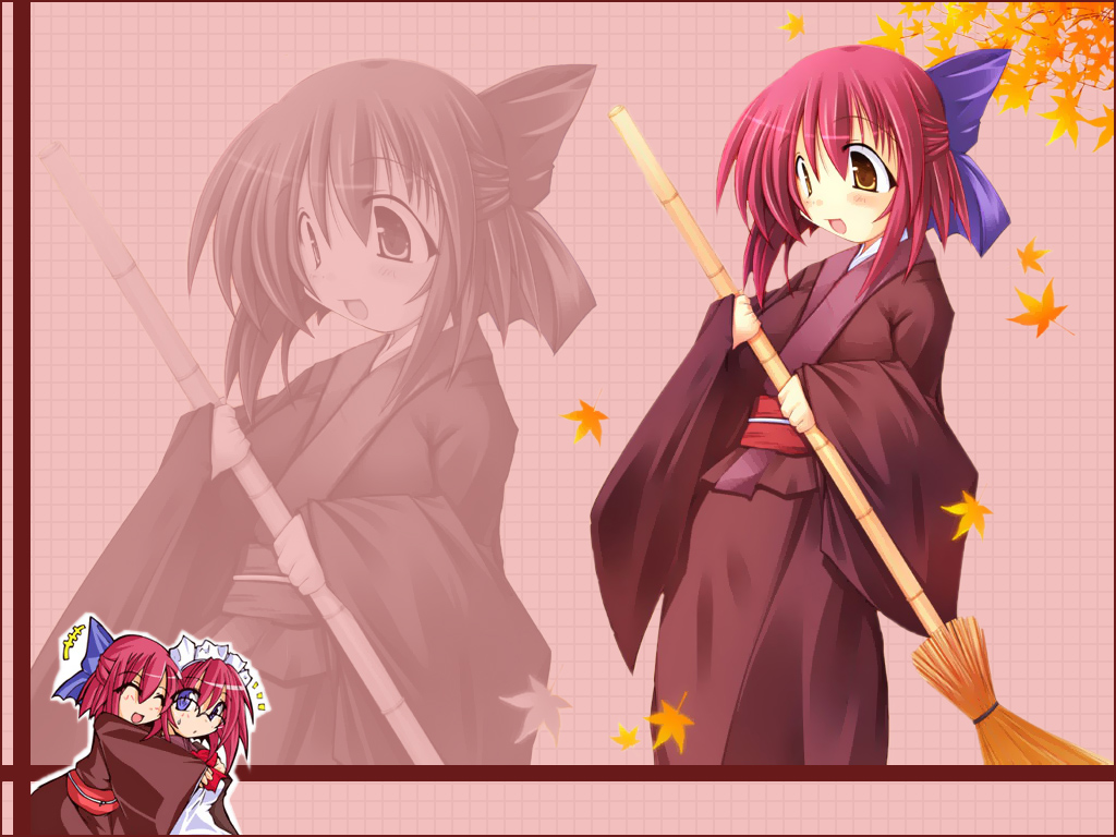 hisui (tsukihime), kohaku (tsukihime), tsukihime, 00s, 2girls, ^^^, apron, bamboo broom, bow, broom, hair bow, hug, hug from behind, japanese clothes, kimono, leaf, looking at viewer, maid headdress, maple leaf, multiple girls, red hair, sash, short hair, siblings, sisters, smile, twins, zoom layer