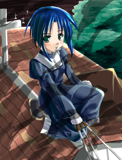 ciel (tsukihime), tsukihime, 00s, 1girl, bad anatomy, between fingers, black keys (type-moon), female focus, holding, solo