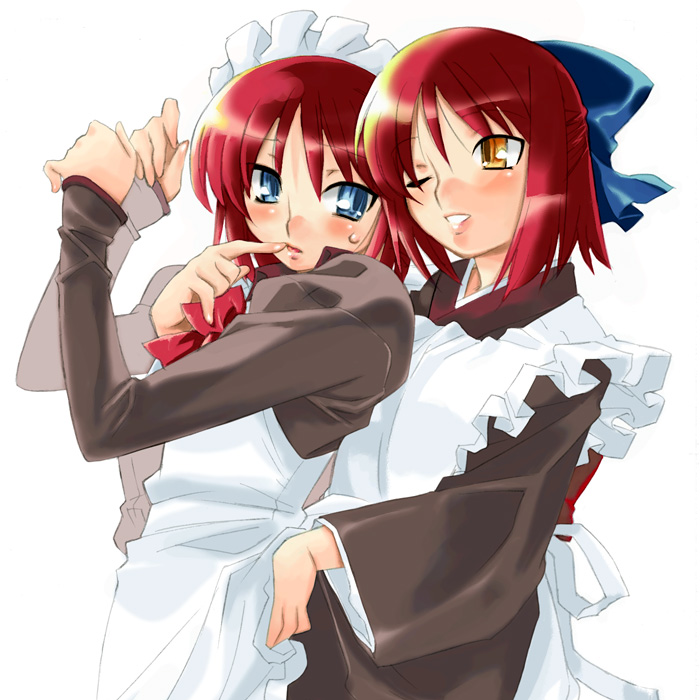 takase hironori, hisui (tsukihime), kohaku (tsukihime), melty blood, tsukihime, type-moon, 00s, 2girls, apron, blue eyes, blush, incest, maid, maid apron, multiple girls, red hair, short hair, siblings, sisters, sweat, twins, wink, yellow eyes, yuri
