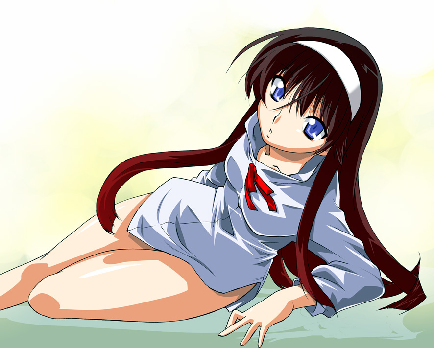 takase hironori, tohno akiha, tsukihime, 00s, arm support, bottomless, hairband, long hair, solo, thighs