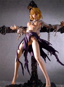 arcueid brunestud, tsukihime, lowres, photo (medium), 00s, 1girl, antenna hair, bare legs, barefoot, blonde hair, breasts, chain, crucifixion, female focus, figure, purple skirt, restrained, shirt, short hair, skirt, solo, sweater, torn clothes, torn shirt, torn skirt, underboob, white shirt