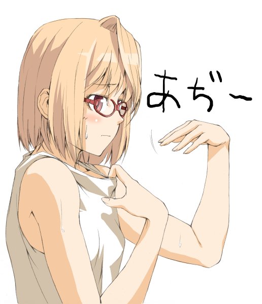 luna (reclaimed land), arcueid brunestud, tsukihime, 00s, bespectacled, blonde hair, from side, glasses, hot, red eyes, short hair, solo, white background