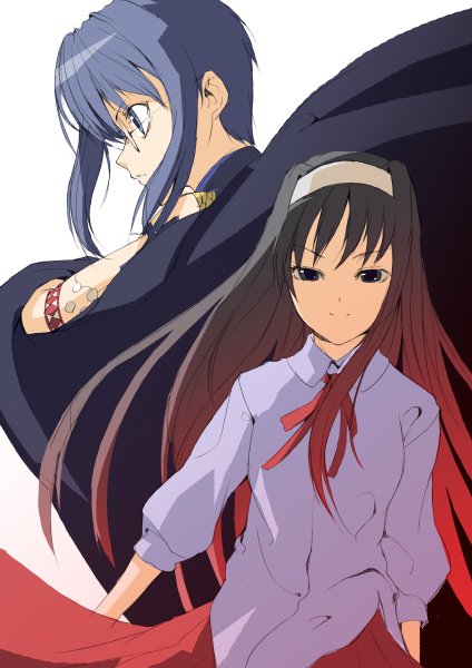 luna (reclaimed land), ciel (tsukihime), tohno akiha, tsukihime, 00s, 2girls, black hair, blue hair, glasses, gradient hair, hairband, long hair, multicolored hair, multiple girls, sidelocks