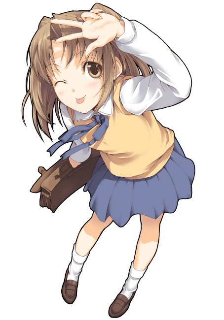 luna (reclaimed land), yumizuka satsuki, tsukihime, 00s, 1girl, :p, bag, blue skirt, brown eyes, brown hair, female focus, foreshortening, full body, loafers, long hair, looking at viewer, one eye closed, pleated skirt, school bag, school uniform, shirt, shoes, simple background, skirt, socks, solo, standing, tongue, tongue out, twintails, two side up, v, vest, wink