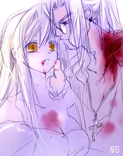 archetype earth, arcueid brunestud, michael roa valdamjong, tsukihime, 00s, 1boy, 1girl, blood, breasts, cleavage, cross, earrings, glasses, jewelry, latin cross, long hair, monochrome, necklace, spot color, yellow eyes