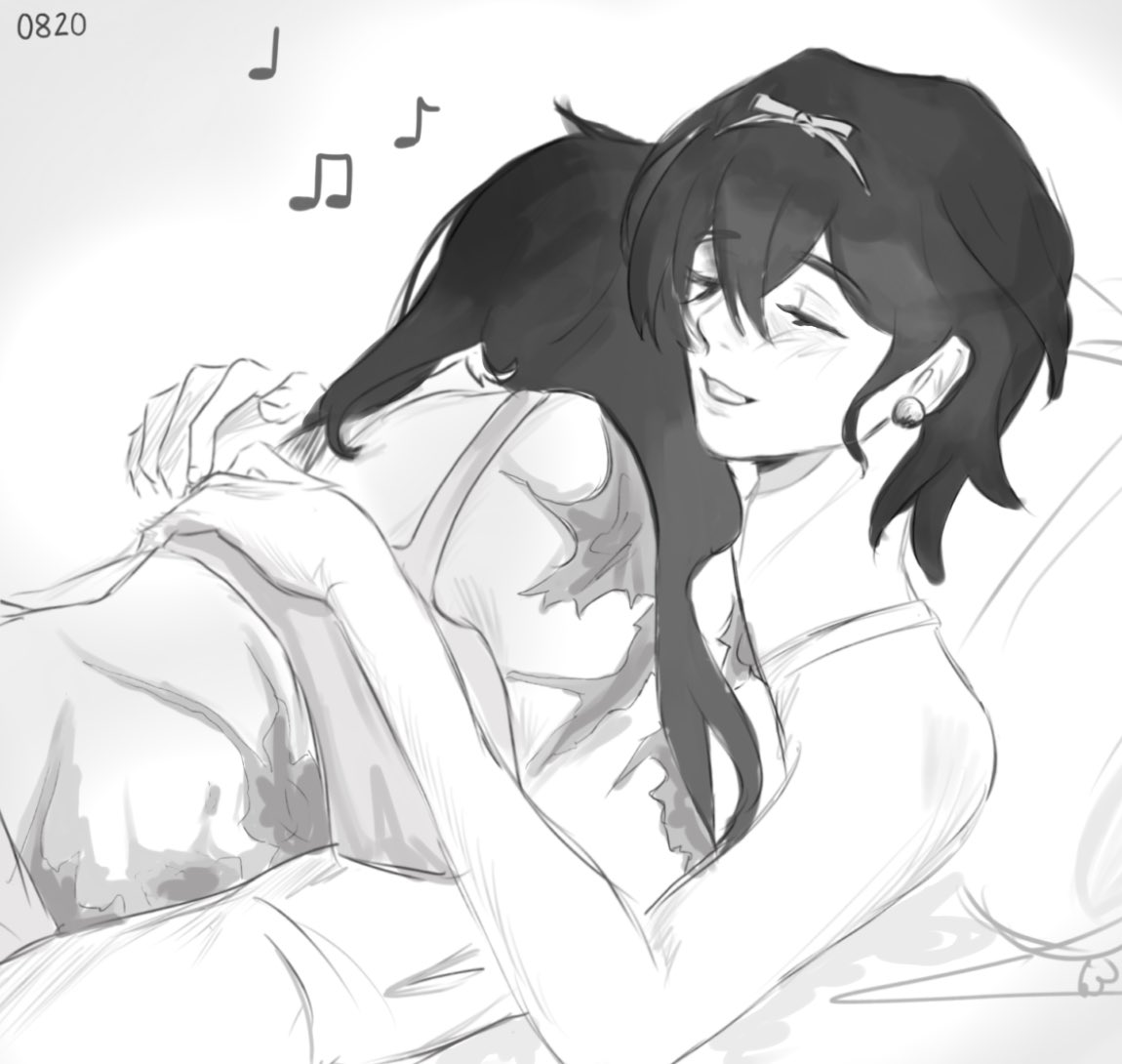 mizi (alien stage), sua (alien stage), alien stage, commentary, english commentary, 2girls, beamed eighth notes, birthday, closed eyes, greyscale, hair ribbon, hug, long hair, lying, medium hair, monochrome, multiple girls, musical note, on bed, pannpanboo, pillow, quarter note, ribbon, scar, scar on arm, scar on stomach, smile