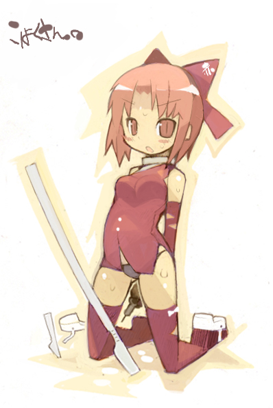 kohaku (tsukihime), tsukihime, 00s, bare shoulders, blush, bow, elbow gloves, gloves, open mouth, panties, pink hair, red eyes, red hair, scalpel, solo, sweat, thighhighs, underwear
