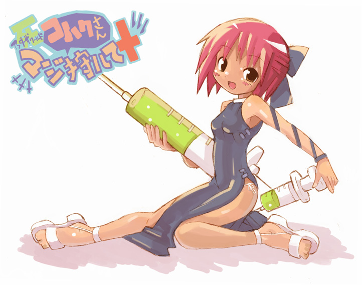 kohaku (tsukihime), nurse witch komugi-chan, tsukihime, 00s, 1girl, bare shoulders, blush, bow, breasts, china dress, chinese clothes, dress, fang, female focus, hair bow, large syringe, oversized object, pink hair, sandals, side slit, small breasts, solo, syringe