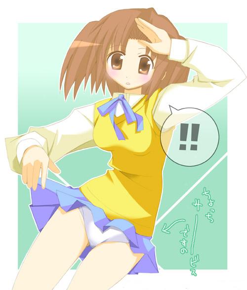 yumizuka satsuki, tsukihime, hand on forehead, !, 00s, 1girl, artistic error, bad anatomy, blue ribbon, blue skirt, border, brown eyes, brown hair, clothes lift, collared shirt, female focus, green background, long sleeves, looking at viewer, panties, pantyhose, pleated skirt, poorly drawn, ribbon, shirt, short hair, simple background, skirt, skirt lift, solo, speech bubble, spoken exclamation mark, underwear, white border, white panties, white shirt