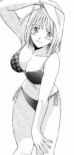 arcueid brunestud, tsukihime, 00s, 1girl, bikini, blush, breasts, cleavage, female focus, greyscale, large breasts, monochrome, short hair, simple background, solo, swimsuit, white background