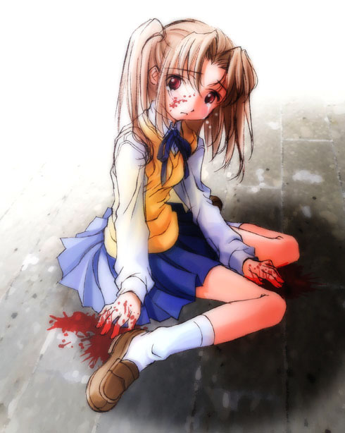 yumizuka satsuki, tsukihime, 00s, blood, blood on face, blood on hands, blood stain, blue skirt, brown hair, pleated skirt, red eyes, sad, school uniform, serafuku, shoes, sitting, skirt, socks, solo, sweater vest, tears, twintails, two side up, wariza