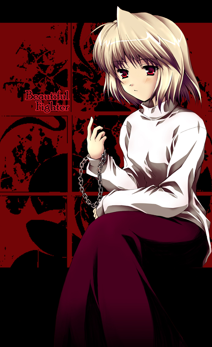 arcueid brunestud, tsukihime, looking away, 00s, 1girl, blonde hair, blush, chain, english text, expressionless, female focus, long skirt, purple skirt, red eyes, short hair, sitting, skirt, solo, sweater, turtleneck