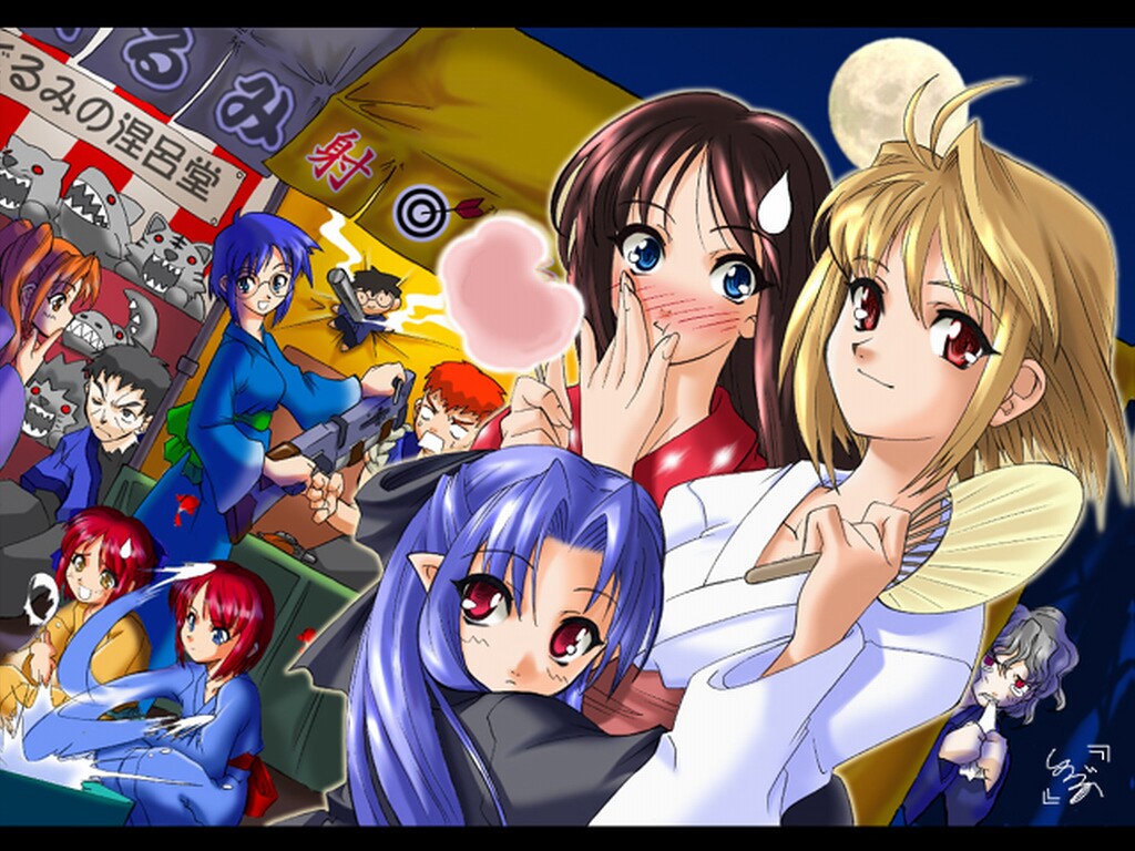 arcueid brunestud, ciel (tsukihime), hisui (tsukihime), inui arihiko, kohaku (tsukihime), len (tsukihime), nrvnqsr chaos, tohno akiha, tohno shiki (2), yumizuka satsuki, tsukihime, 00s, 3boys, 6+girls, aqua eyes, blonde hair, blue hair, blush, brown hair, festival, half updo, japanese clothes, multiple boys, multiple girls, red eyes, red hair, siblings, sisters, sweatdrop, twins
