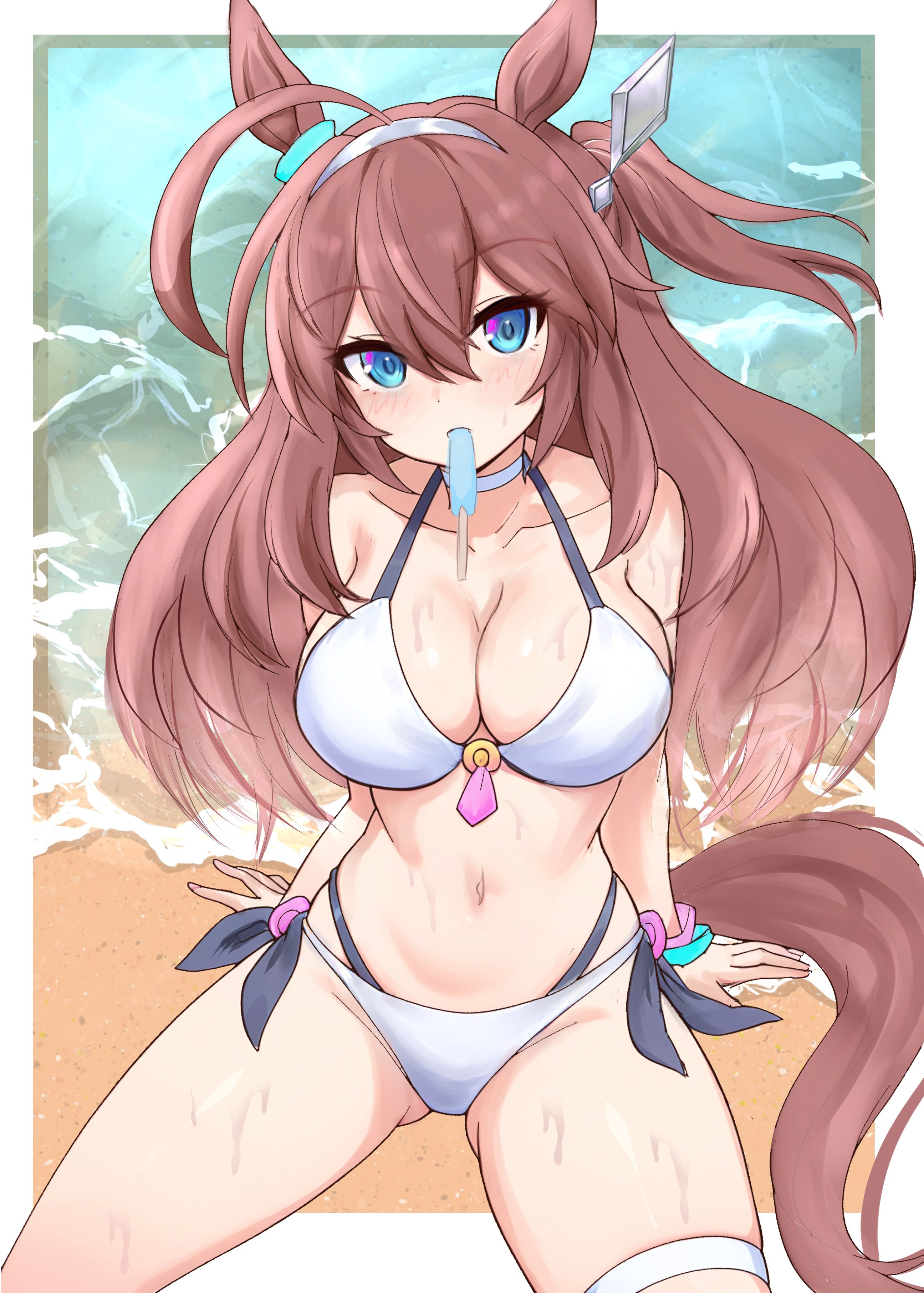 beatsheavens0735, mihono bourbon (umamusume), umamusume, absurdres, commentary request, highres, 1girl, alternate costume, animal ears, beach, bikini, blue eyes, breasts, brown hair, collarbone, cowlick, day, food, food in mouth, hairband, horse ears, horse girl, horse tail, inward flipped hair, large breasts, long hair, looking at viewer, metal hairband, navel, o-ring, o-ring top, one side up, outdoors, popsicle, popsicle in mouth, side-tie bikini bottom, sitting, solo, swimsuit, tail, white bikini