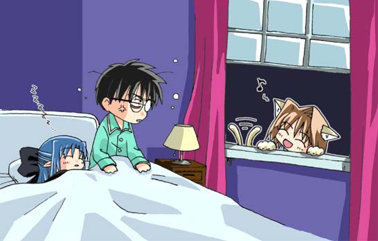 arcueid brunestud, len (tsukihime), tohno shiki, tsukihime, 00s, 1boy, 2girls, anger vein, animal ears, annoyed, bed, black hair, blonde hair, bow, cat ears, cat tail, closed eyes, curtains, glasses, hair bow, lamp, long sleeves, messy hair, multiple girls, musical note, night, pajamas, pointy ears, quaver, short hair, sleeping, sleepy, smile, spoken musical note, tail, tail wagging, window