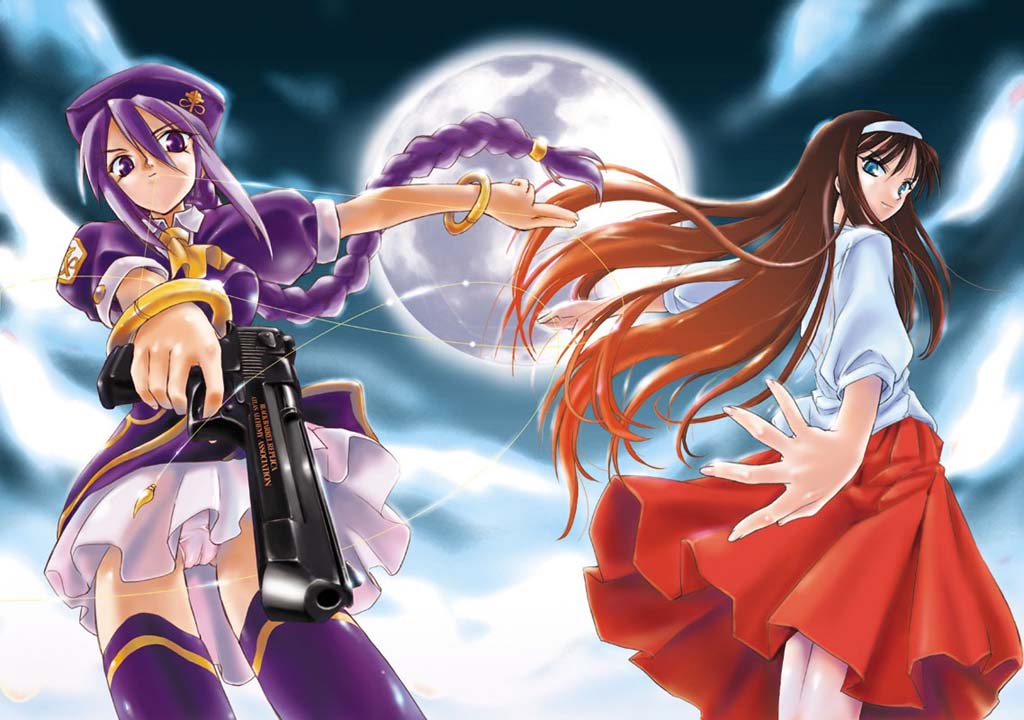 ouma tokiichi, sion eltnam (type-moon), sion eltnam atlasia, tohno akiha, melty blood, tsukihime, purple legwear, 00s, 2girls, beret, blue eyes, bracelet, braid, brown hair, cameltoe, desert eagle, full moon, gradient hair, gun, hairband, handgun, hat, jewelry, long hair, looking at viewer, miniskirt, moon, multicolored hair, multiple girls, orange hair, panties, pantyshot, pistol, pleated skirt, ponytail, purple eyes, purple hair, red skirt, semi-automatic pistol, skirt, standing, string, thighhighs, underwear, very long hair, weapon, white panties