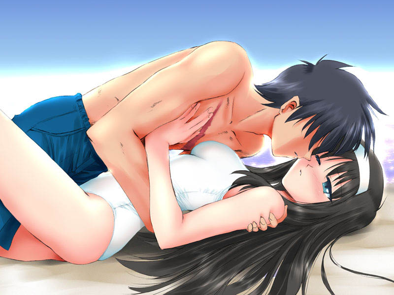 tohno akiha, tohno shiki, tsukihime, step-brother and step-sister, 00s, 1boy, 1girl, beach, blush, brother and sister, brother and step-sister, hand on another's chest, hetero, hug, imminent kiss, incest, kiss, long hair, ocean, one-piece swimsuit, scar, short hair, siblings, step-siblings, swimsuit, water