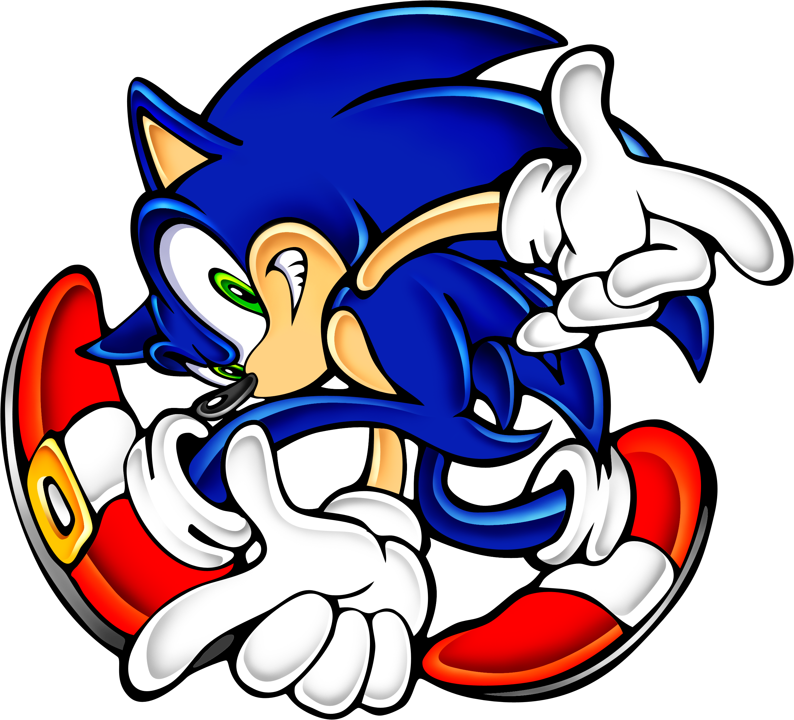uekawa yuji, sonic the hedgehog, sega, sonic (series), sonic adventure, absurdres, highres, official art, scan, animal ears, bent over, blue fur, dynamic pose, floating, flying, game console, gloves, green eyes, head tilt, hedgehog, jumping, red shoes, shoes, sonic adventure pose, spiked hair, spikes, toon (style), video game, white gloves