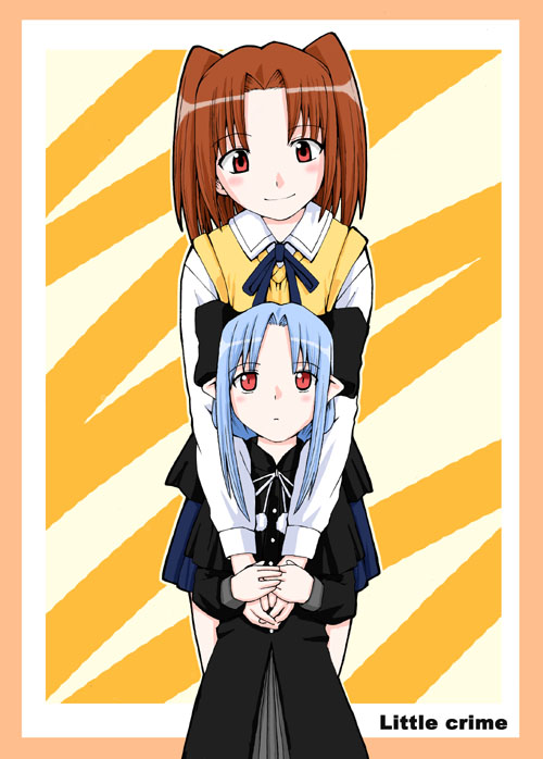 len (tsukihime), yumizuka satsuki, tsukihime, 00s, 2girls, age difference, blue hair, blush, bow, brown hair, capelet, expressionless, hair bow, height difference, hug, hug from behind, long hair, looking at another, looking up, multiple girls, pointy ears, red eyes, school uniform, shirt, skirt, smile, standing, twintails, two side up, very long hair, vest