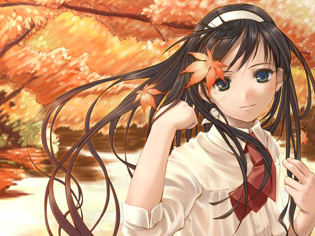 zama masaaki, tohno akiha, tsukihime, 00s, black hair, blue eyes, hairband, leaf, long hair, smile, solo