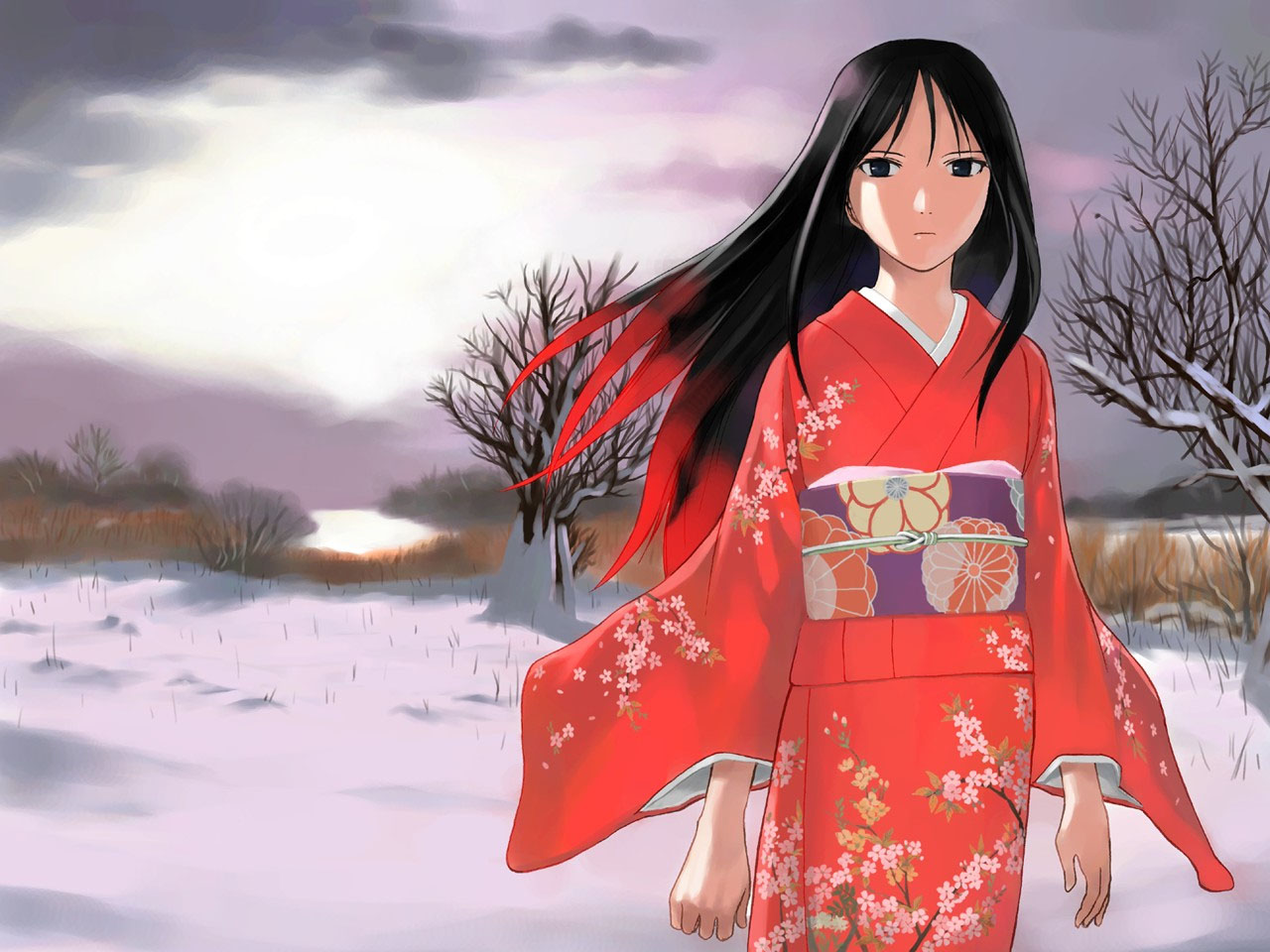 takenashi eri, tohno akiha, tsukihime, 00s, 1girl, black eyes, black hair, female focus, japanese clothes, kikumon, kimono, long hair, multicolored hair, nature, red hair, snow, solo