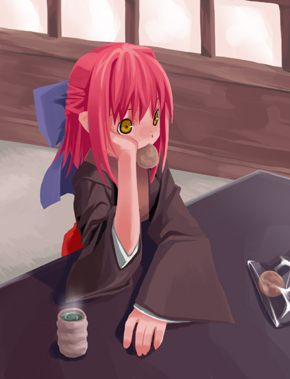 kohaku (tsukihime), tsukihime, 00s, 1girl, arm support, female focus, half updo, head rest, solo