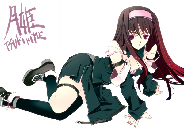 ruroo, tohno akiha, tsukihime, tagme, 00s, black shoes, multicolored hair, shoes, solo, two-tone hair
