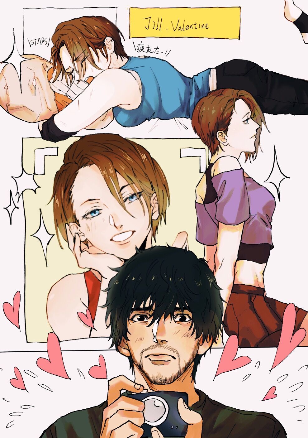 mihael66, carlos oliveira, jill valentine, nemesis (resident evil), resident evil, resident evil 3: nemesis, resident evil 3 (remake), highres, 1boy, 1girl, beard, black hair, blue eyes, blue shirt, brown hair, camera, character name, facial hair, heart, holding, holding camera, midriff, multiple views, shirt, smile, sparkle, stuffed toy