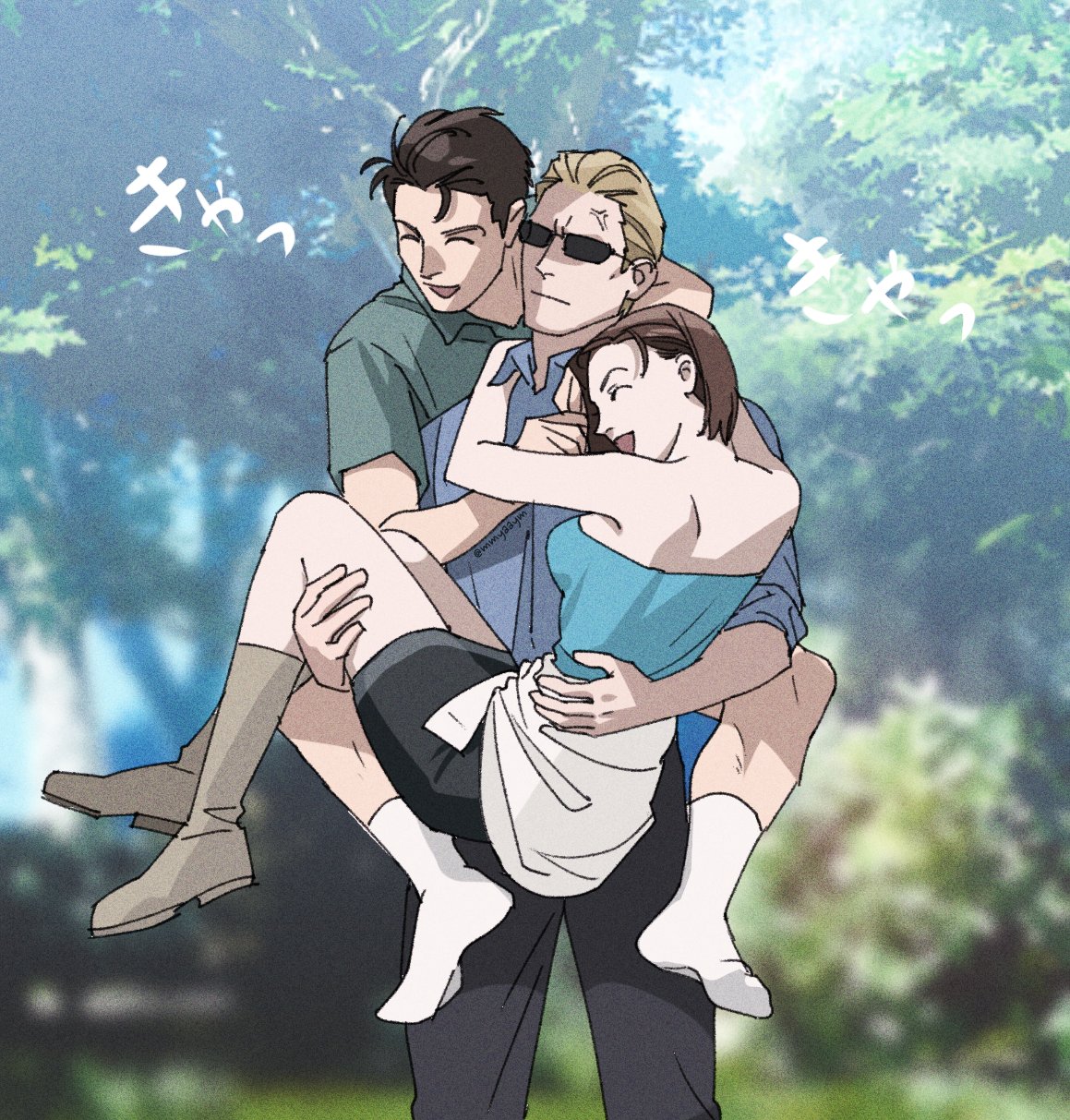 mya (mmyaaym), albert wesker, chris redfield, jill valentine, resident evil, highres, 1girl, 2boys, anger vein, black hair, black pants, black skirt, blonde hair, blue shirt, blue tube top, boots, brown hair, carrying, carrying person, green shirt, miniskirt, multiple boys, open mouth, pants, princess carry, shirt, skirt, smile, socks, strapless, sunglasses, tube top, white socks