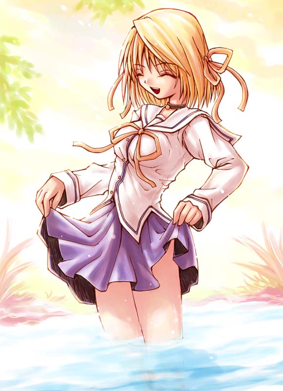arcueid brunestud, asakura nemu, da capo, da capo i, tsukihime, 1girl, blonde hair, choker, clothes lift, cosplay, female focus, hair ribbon, pleated skirt, ribbon, school uniform, serafuku, short hair, skirt, skirt hold, skirt lift, solo, wading, water