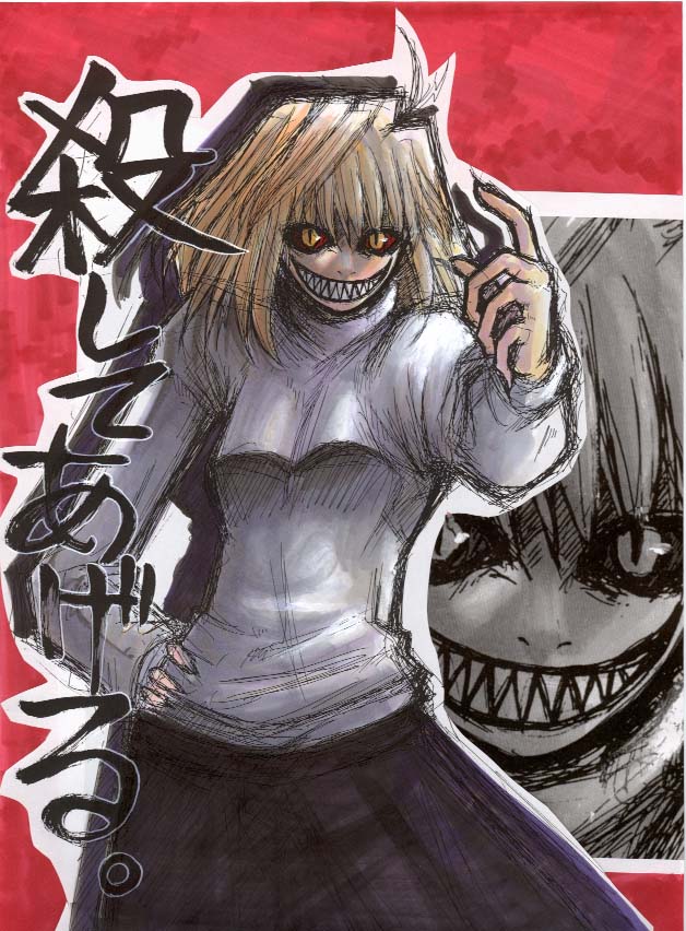 arcueid brunestud, red arcueid, tsukihime, 00s, 1girl, ahoge, blonde hair, female focus, grin, long skirt, purple skirt, skirt, smile, solo, sweater, teeth, zoom layer