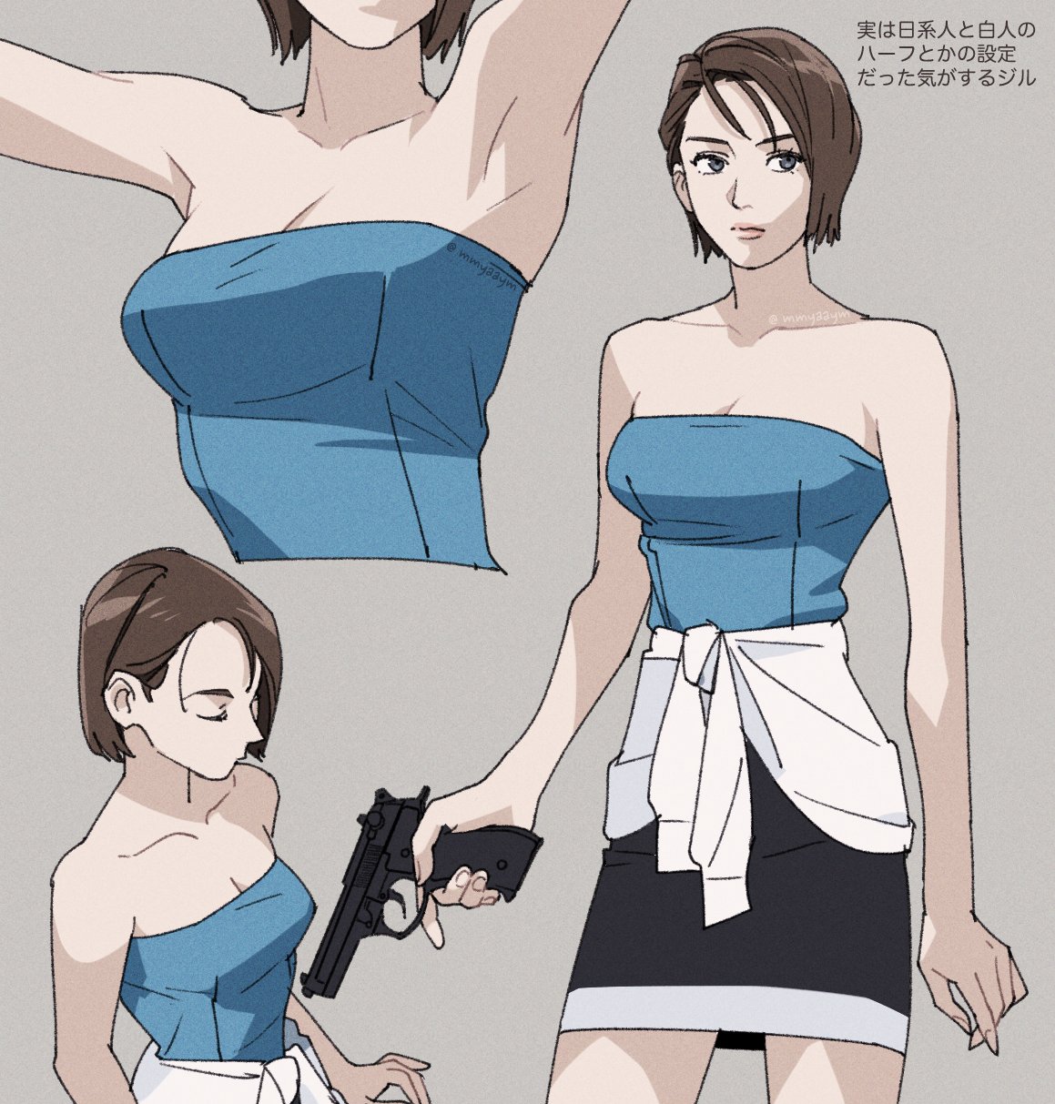 mya (mmyaaym), jill valentine, resident evil, resident evil 3: nemesis, highres, 1girl, armpits, artist name, black skirt, blue tube top, brown hair, closed eyes, clothes around waist, grey background, gun, handgun, holding, holding gun, holding weapon, miniskirt, multiple views, short hair, simple background, skirt, strapless, sweater, sweater around waist, tube top, weapon