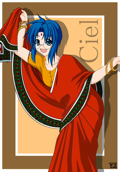 ciel (tsukihime), tsukihime, 00s, bindi, bracelet, indian, indian clothes, jewelry, sari, solo