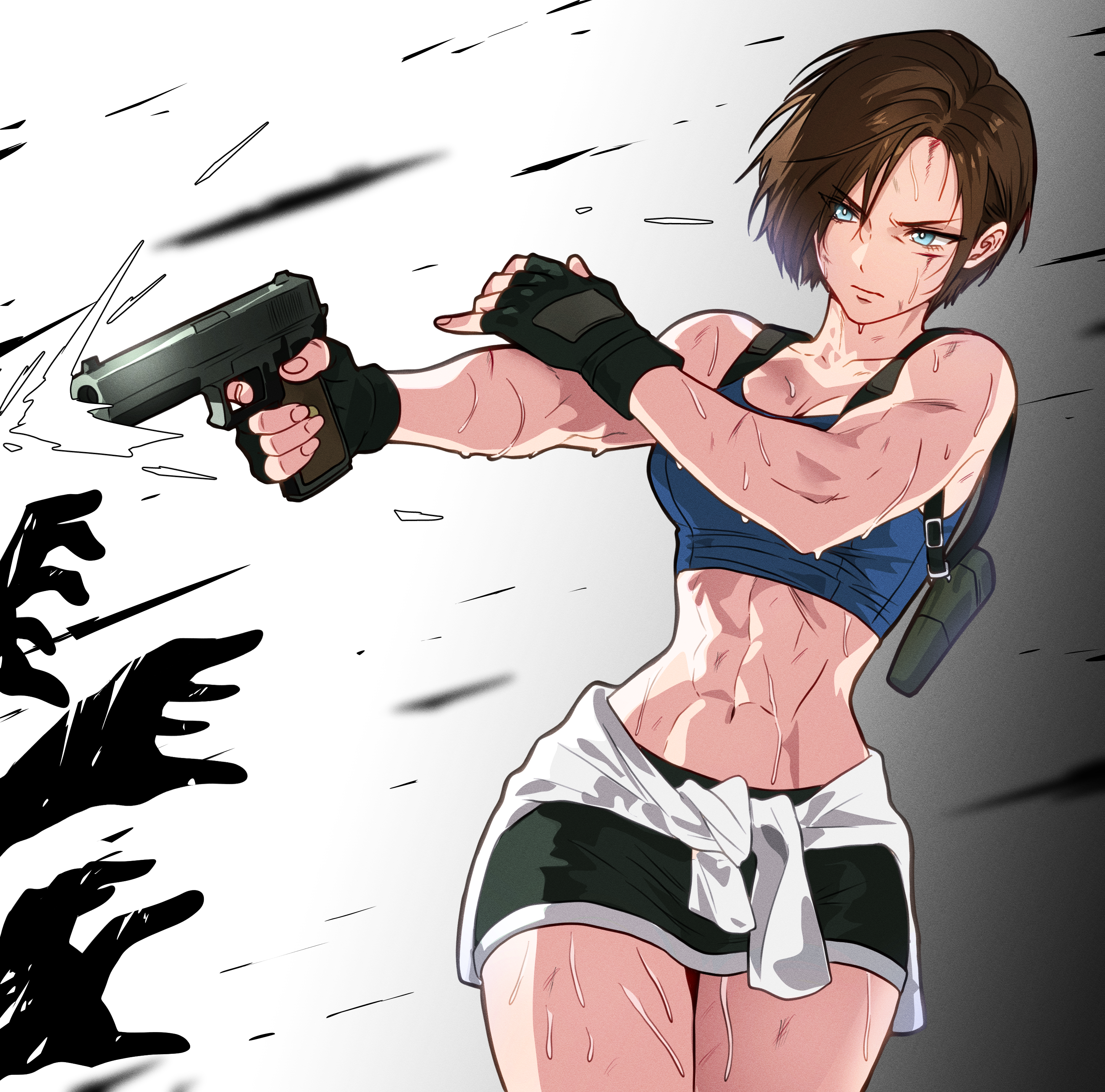 yu ki ruta60, jill valentine, resident evil, resident evil 3: nemesis, resident evil 3 (remake), absurdres, highres, 1girl, abs, black gloves, black skirt, blood, blue eyes, brown hair, clothes around waist, crop top, fingerless gloves, firing, gloves, gradient background, grey background, gun, handgun, holding, holding gun, holding weapon, midriff, miniskirt, short hair, skirt, sweat, sweater, sweater around waist, weapon